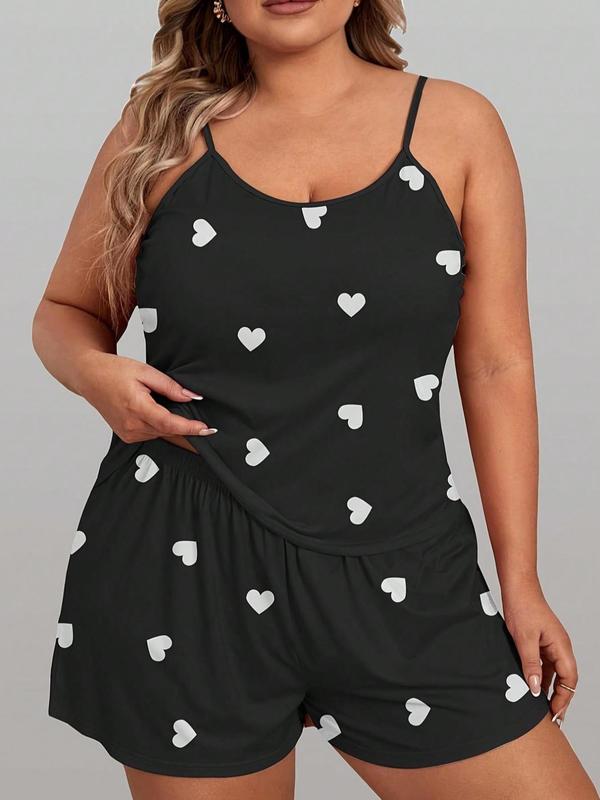 Women's  Heart Print  Pyjama Set, Casual Comfy Cami Top & Elastic Waist Shorts Pj Set,  Women's Sleepwear for Summer
